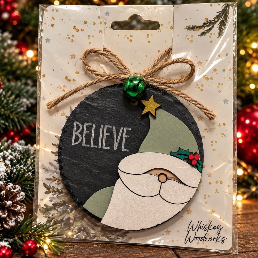 Whiskey Woodworks Believe Santa Slate Christmas Ornament New